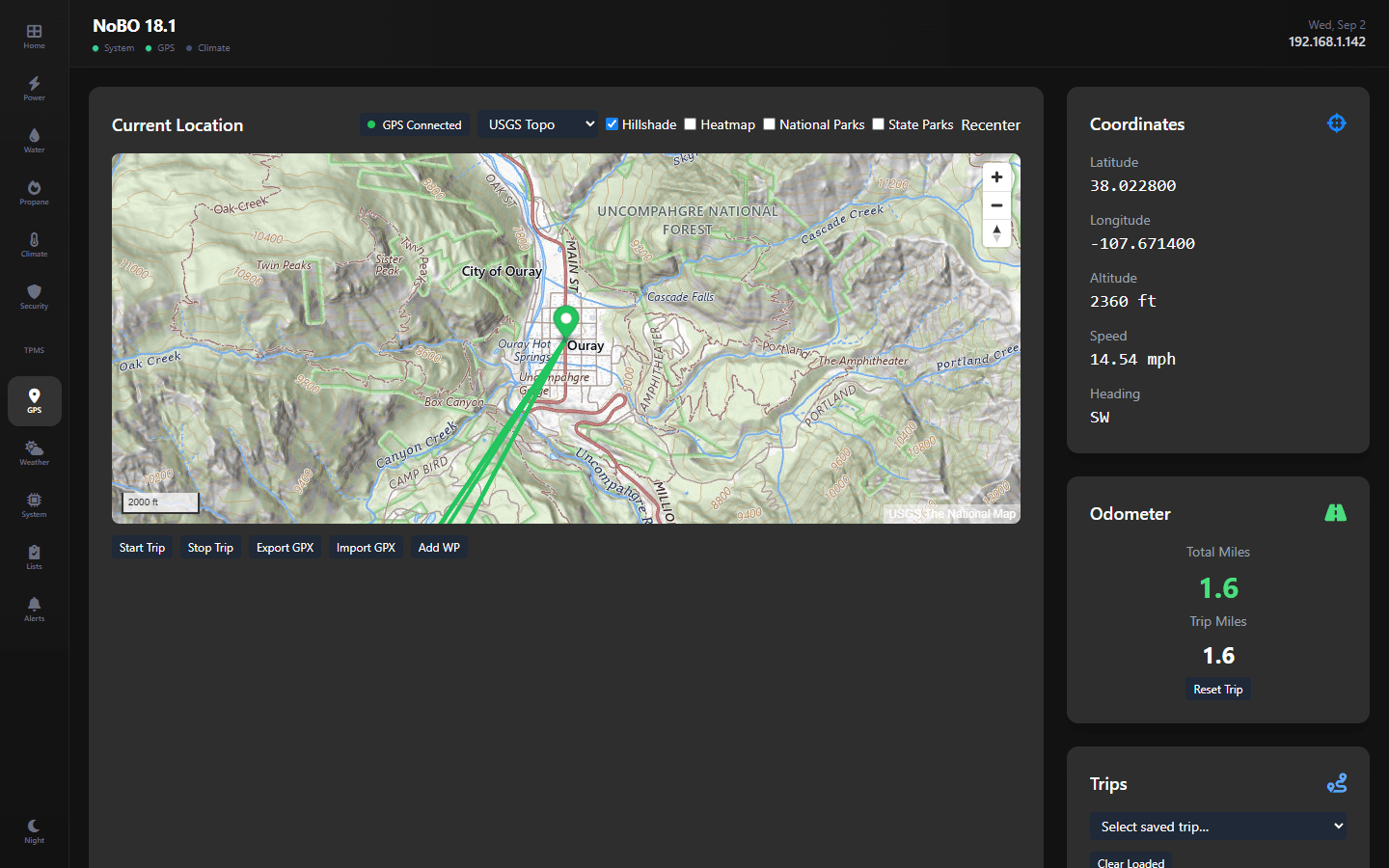Smart RV topo-map view with the trip and waypoint interface.