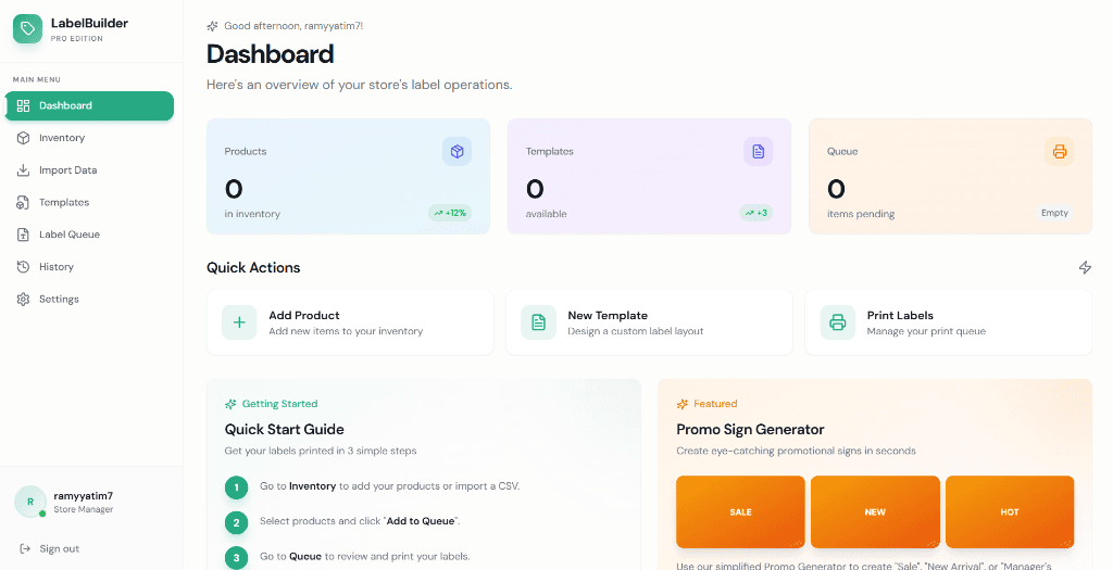 ShelfLabelBuilder dashboard.
